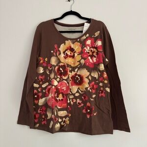 Hannah Womens Brown Floral Long Sleeve Graphic Tee Shirt Size L 121613